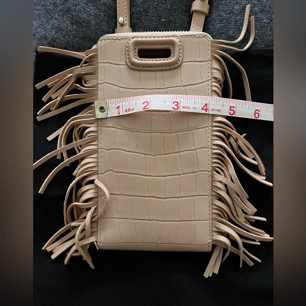 Maje Beige Croc-Embossed Fringe Crossbody Bag - Picture 8 of 9